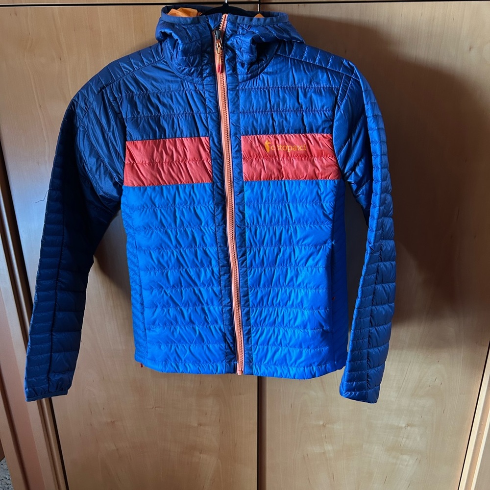 Cotopaxi Orange Jacket with Blue Logo